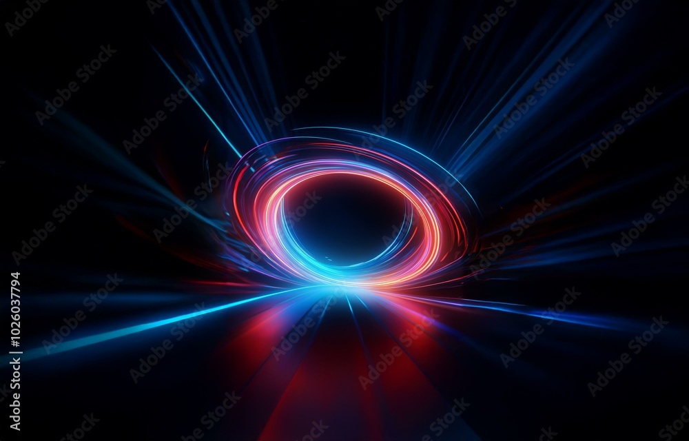 Obraz premium Abstract glowing blue and red light streaks converge in a circular pattern against a dark background.