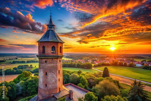 Silhouette of the Historic Old Tower in Strzegom, Poland at Sunset | Stunning Landscape Photography photo