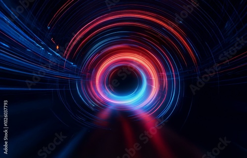 Circular red and blue light trails on a black background.