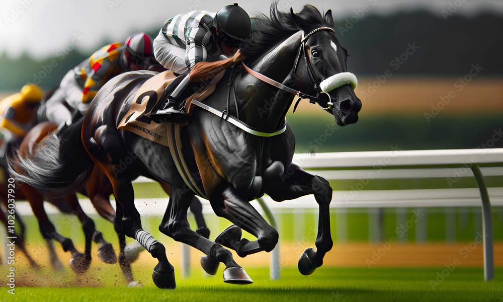 Fototapeta premium Pferderennen mit Jockey auf dem Feld