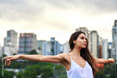 Woman, city background and fashion with thinking, pride and style for trendy clothes, outfit or wardrobe. Female person, outdoor and relax on vacation, holiday and travel for casual or cool aesthetic