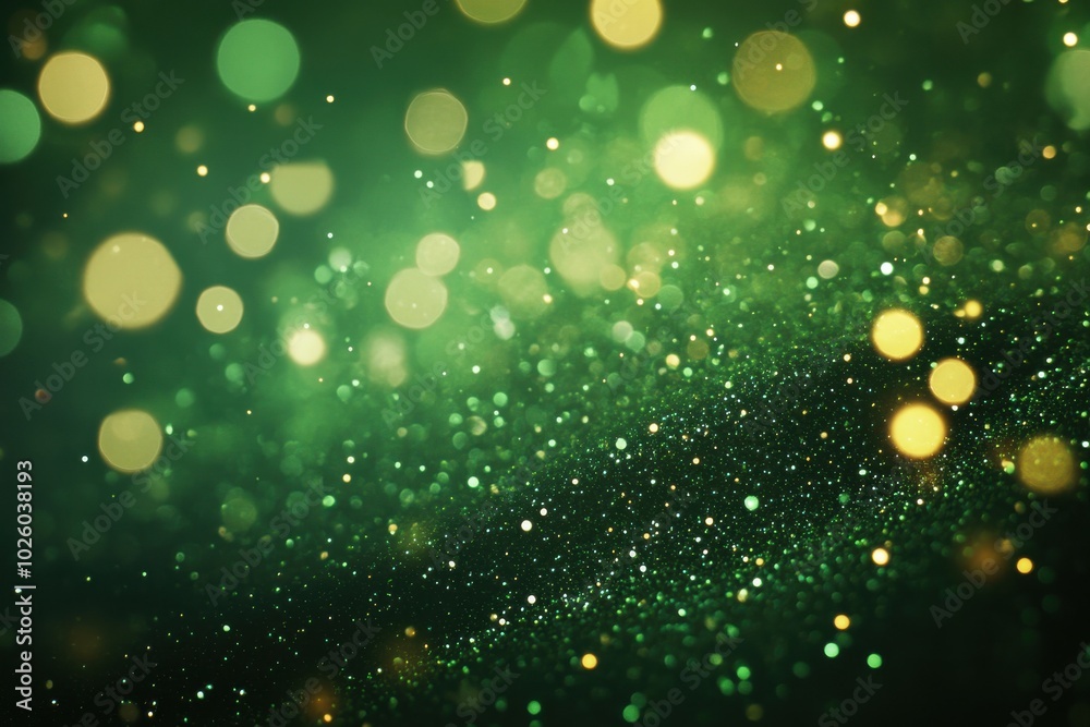 Obraz premium Sparkling glitter motion on green background. Luminous dust glow effects. Bokeh lights for backdrops. Twinkling stars and dazzling sparkles. Themes: valentine's, mother's day, weddings