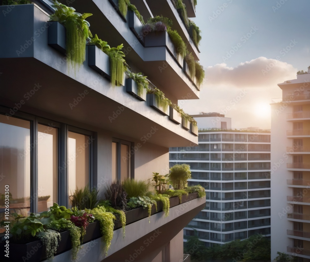 Fototapeta premium A modern apartment complex featuring green terraces and a rainwater harvesting system. The building’s sustainable design captures rainwater for reuse in the garden and green spaces, promoting urban ec