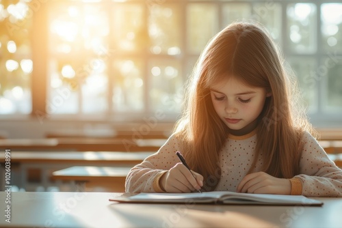 Focused Student Working in Bright Classroom photo