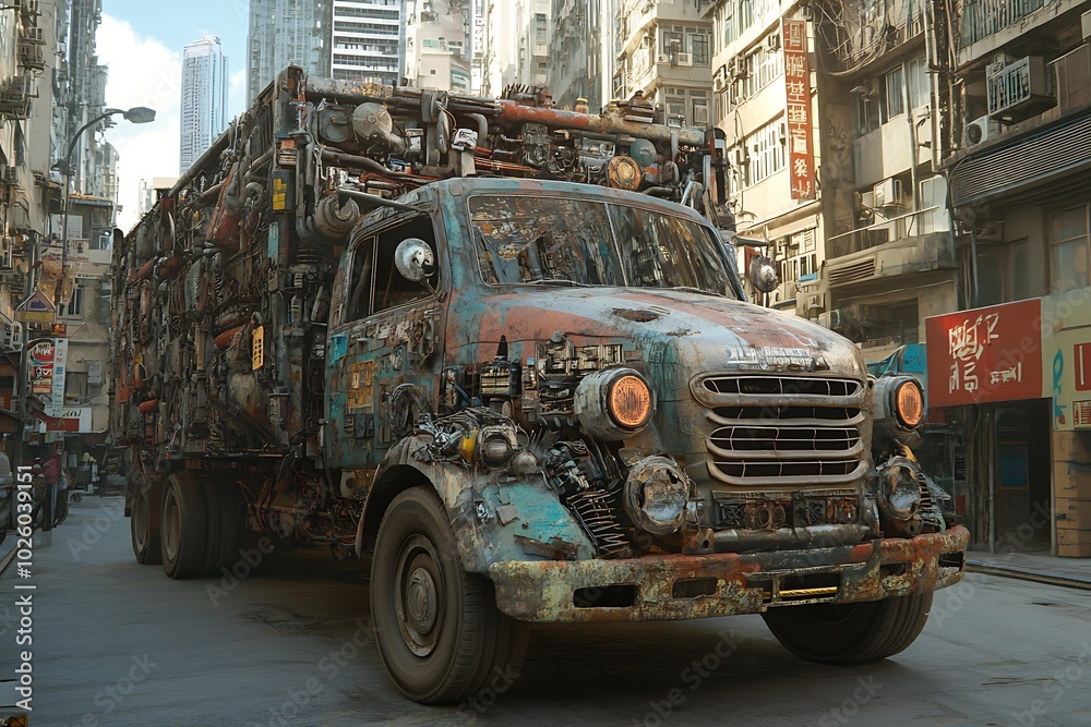 Decorated truck in a vibrant urban street scene Decorated truck in a vibrant urban street scene