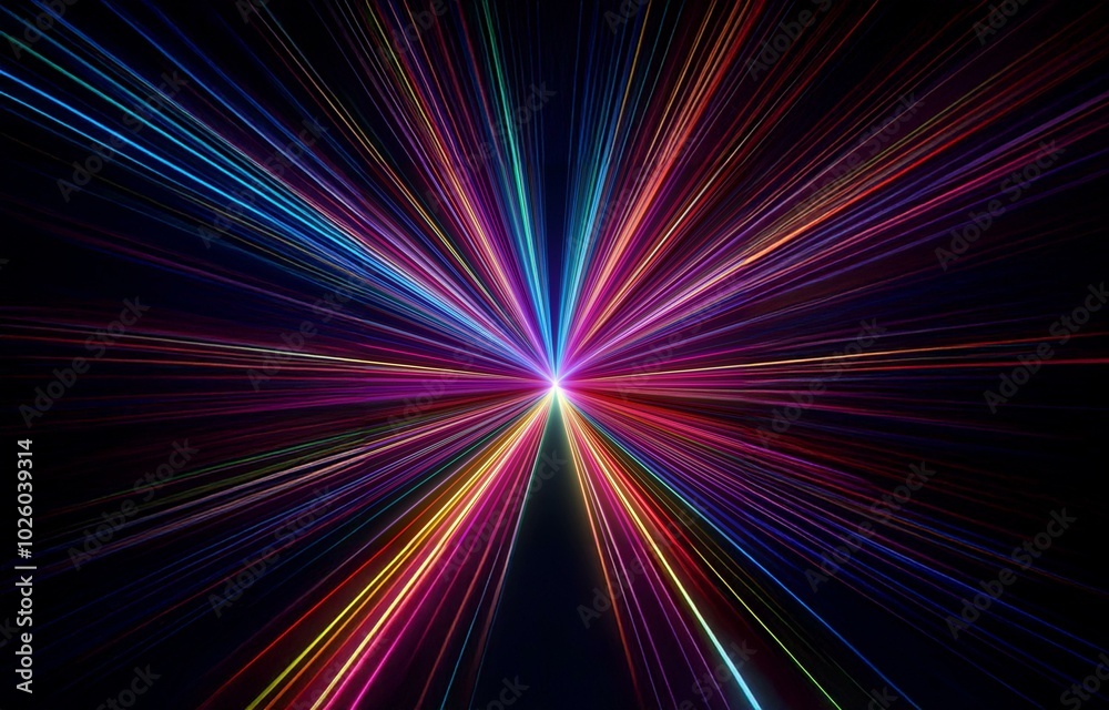 Abstract colorful light streaks radiating outwards from a bright center point against a dark background. Abstract colorful light streaks radiating outwards from a bright center point against a dark background.