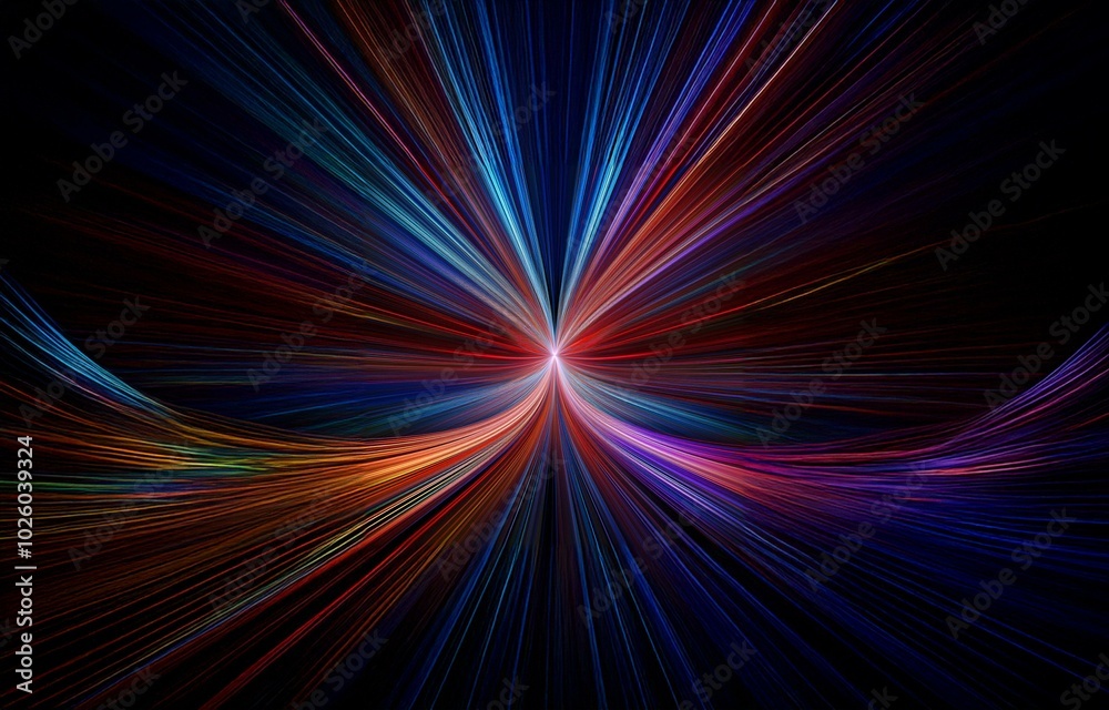 A dark background with converging lines of red, blue, orange, and purple light.