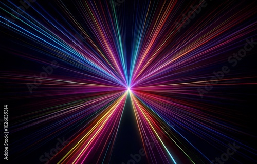 Abstract colorful light streaks radiating outwards from a bright center point against a dark background.