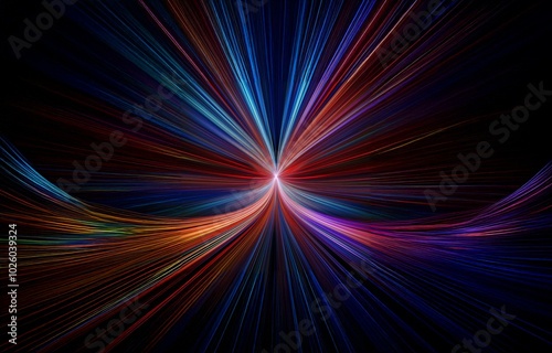 A dark background with converging lines of red, blue, orange, and purple light.