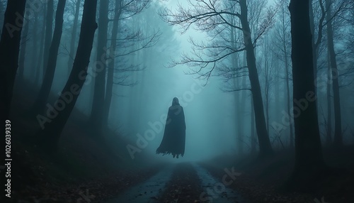 A foggy forest path at dusk with ghostly apparitions floating between the trees and mist rolling over the ground photo