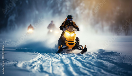 Snowmobile Racing Through Snowy Wilderness in High-Speed Winter Adventure at Twilight