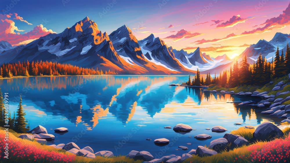 Obraz premium A vibrant landscape depicting mountains, a serene lake, and colorful sunset reflections.
