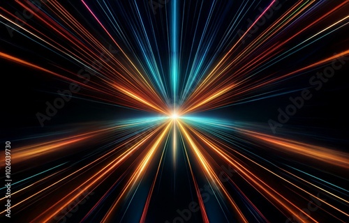 Abstract background with colorful lines radiating outwards from a bright white center on a black background.