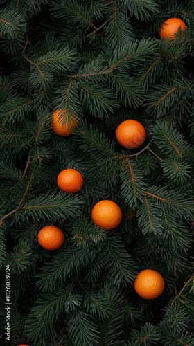 Bright oranges and tangerines rest among dark green pine branches, accented by a rustic burlap fabric, showcasing vibrant colors and natural textures in a minimalist arrangement