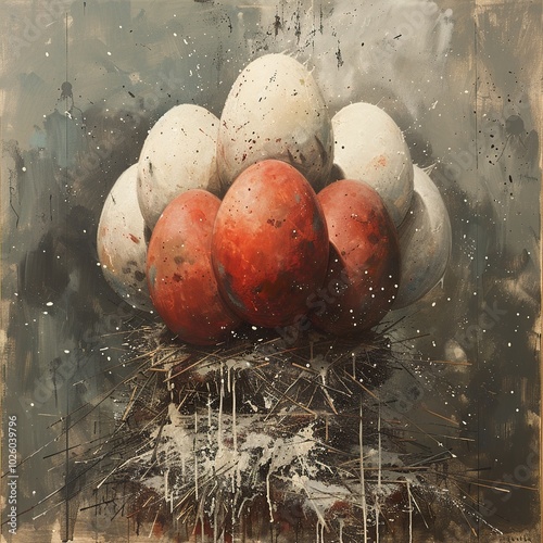 Red and White Eggs in a Nest: A Surrealist Painting photo