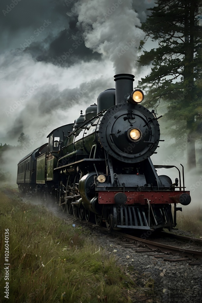 Fototapeta premium Vintage Steam Train on a Foggy Forest Railway with Headlights On