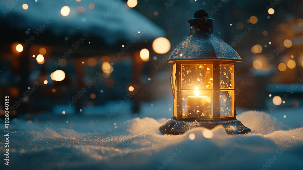 A cozy lantern glowing softly in the snow on Christmas Eve by a warm holiday gathering A cozy lantern glowing softly in the snow on Christmas Eve by a warm holiday gathering