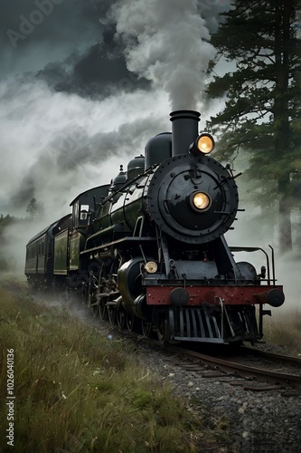 Vintage Steam Train on a Foggy Forest Railway with Headlights On