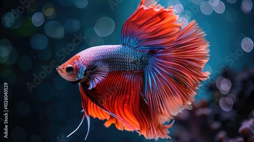 A close-up photograph of an orange and purple fish with flowing fins, showcasing its vibrant colors and graceful movement against a dark, bokeh background.