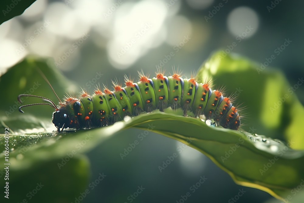 Vibrant caterpillar on green leaf, white isolate background. Vibrant caterpillar on green leaf, white isolate background.