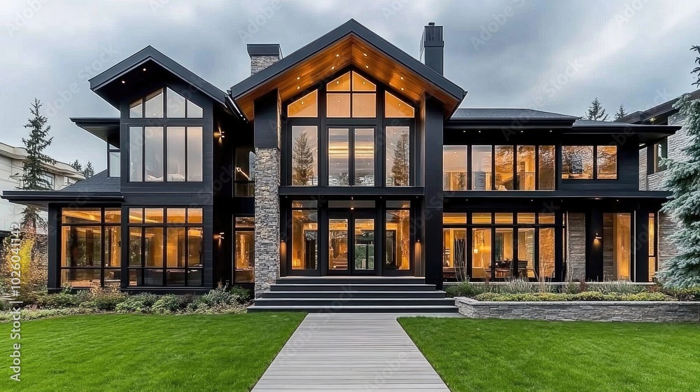 This beautifully designed modern farmhouse features an inviting front porch, stone accents, and a lush green lawn, creating a tranquil and appealing atmosphere This beautifully designed modern farmhouse features an inviting front porch, stone accents, and a lush green lawn, creating a tranquil and appealing atmosphere