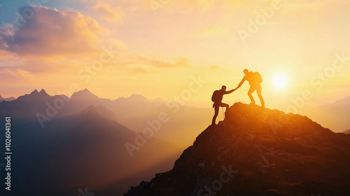 Silhouette of Hikers Helping Each Other Climb a Mountain at Sunrise. Teamwork and Adventure Concept.