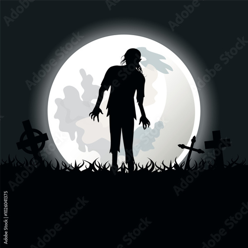Dark spooky background with zombie and shining full moon vector illustration. Halloween night scary background with zombie, cemetery and moon vector. Template for background, banner, card
