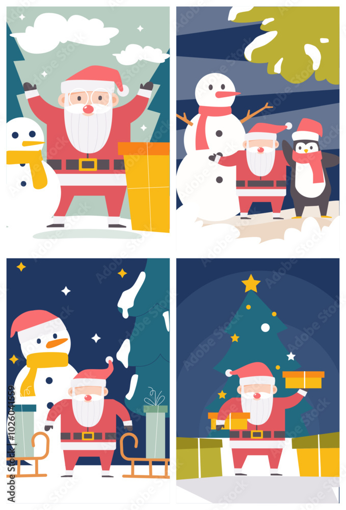 Set of merry christmas and happy new year postcard, greeting card or invitation card . Flat santa claus cartoon character design . Set 4 of 4 . Vector . Set of merry christmas and happy new year postcard, greeting card or invitation card . Flat santa claus cartoon character design . Set 4 of 4 . Vector .