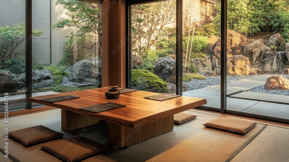 An elegant dining area combining contemporary and traditional Japanese elements An elegant dining area combining contemporary and traditional Japanese elements