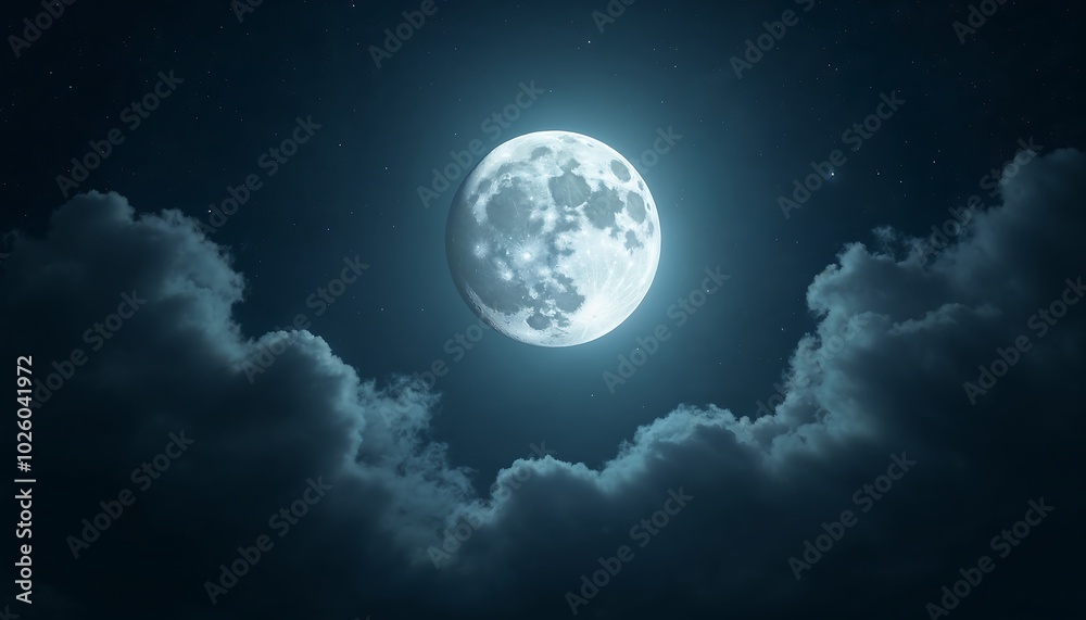 Fototapeta premium A bright, full moon glowing in a starry night sky with dark clouds drifting across it