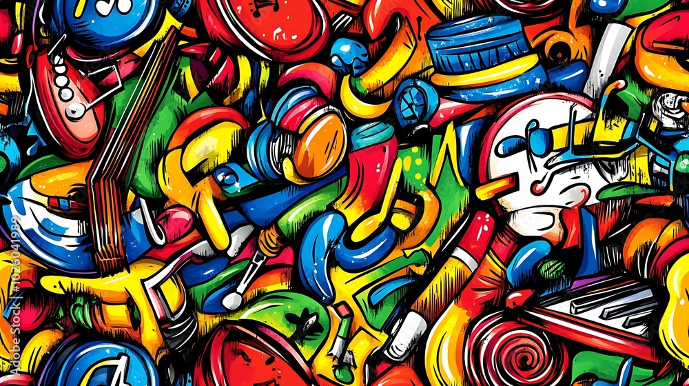 Obraz premium A vibrant music-themed doodle pattern showcasing electric guitars, pianos, saxophones, and drums, surrounded by abstract sound waves, musical notes, and headphones, with a neon background,