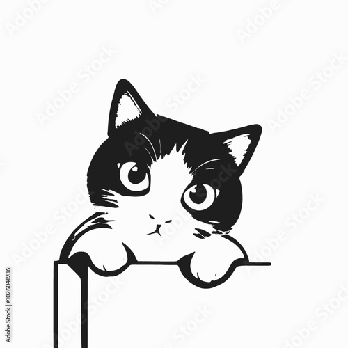 A black and white illustration of a curious cat peeking out from behind a surface, 
