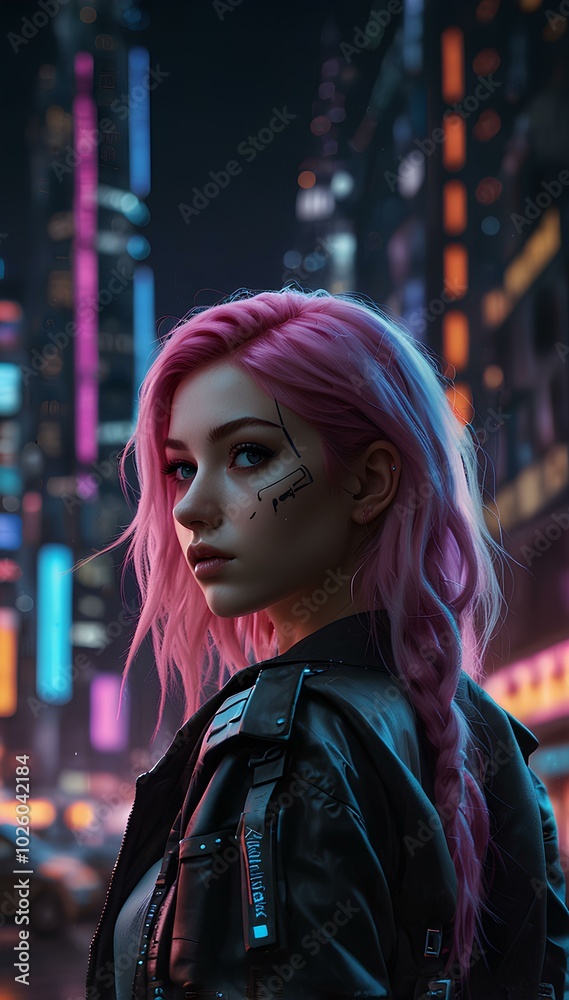 Obraz premium Cyberpunk City Dream: Anime Girl with Neon Hair