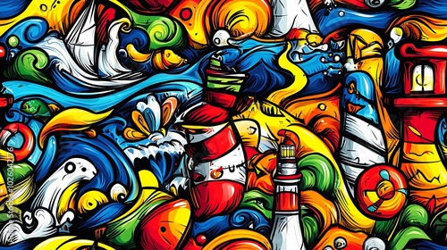 Wallpaper Mural A vibrant nautical adventure doodle pattern featuring anchors, sailboats, and lighthouses, surrounded by waves, seagulls, and fish, Torontodigital.ca