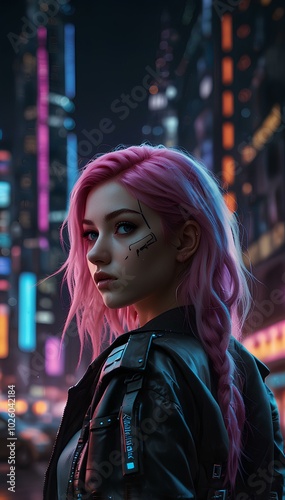 Wallpaper Mural Cyberpunk City Dream: Anime Girl with Neon Hair Torontodigital.ca