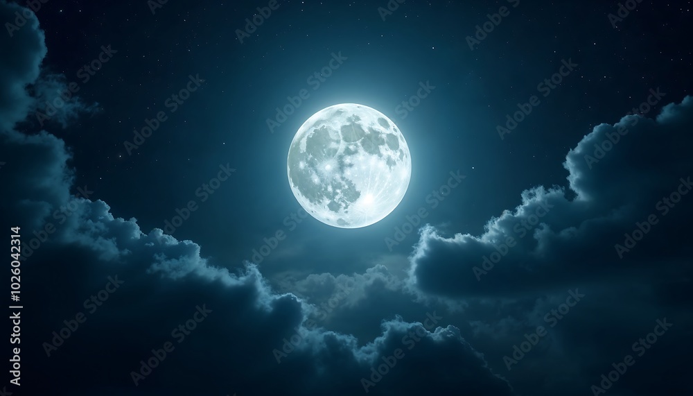 A bright, full moon glowing in a starry night sky with dark clouds drifting across it A bright, full moon glowing in a starry night sky with dark clouds drifting across it