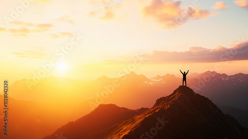 Silhouette of a Hiker Celebrating Victory at Mountain Peak During Sunrise. Success and Achievement Concept.