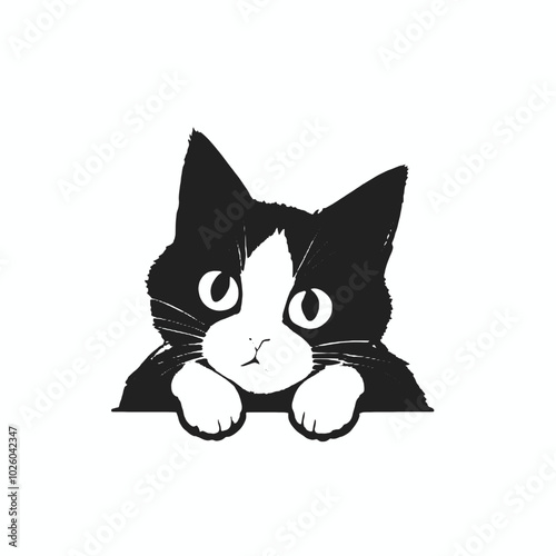 A black and white illustration of a curious cat peeking out from behind a surface, 