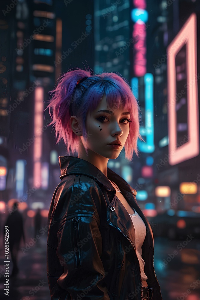 Obraz premium Cyberpunk City Dream: Anime Girl with Neon Hair
