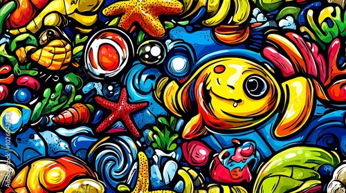 A vibrant ocean wonders doodle pattern featuring sea turtles, starfish, and fish, with seashells, coral reefs, and swirling bubbles, set against a deep blue ocean backdrop, vivid and cheerful colors,