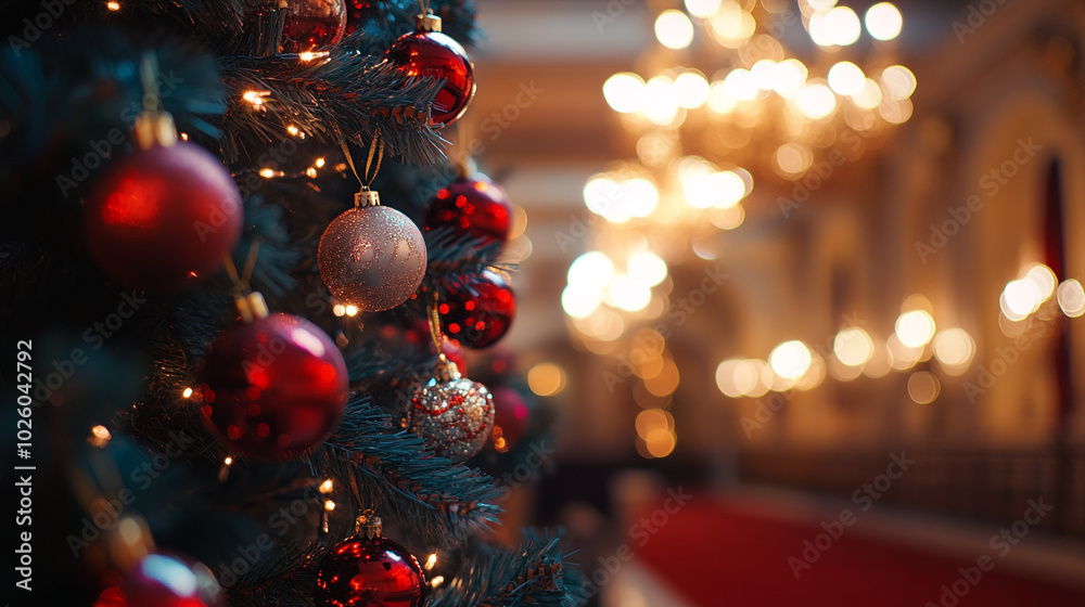 Decorated Christmas tree adorned with ornaments in a warmly lit festive setting on Christmas Eve Decorated Christmas tree adorned with ornaments in a warmly lit festive setting on Christmas Eve