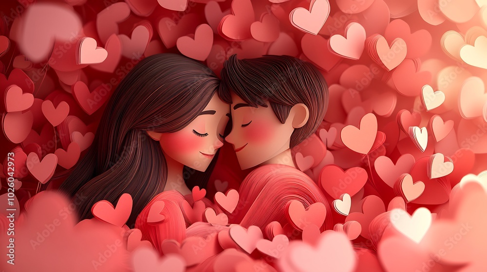 Cute couple a warm hug with dozens of pink and red paper hearts floating around them creating a dreamy Valentines Day atmosphere in papercut style art Cute couple a warm hug with dozens of pink and red paper hearts floating around them creating a dreamy Valentines Day atmosphere in papercut style art