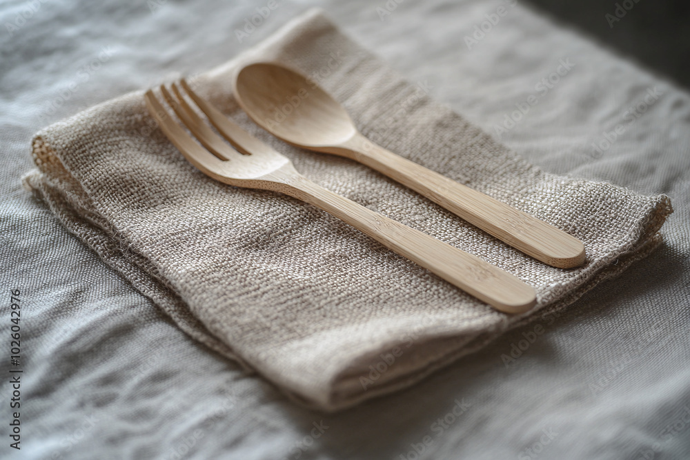 Wooden Spoon and Fork on Linen Napkin - Eco-Friendly Kitchen Utensils Wooden Spoon and Fork on Linen Napkin - Eco-Friendly Kitchen Utensils