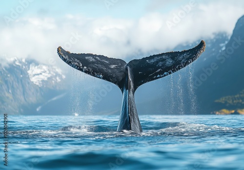 Humpback whale tail emerging from blue waters near mountains on a clear day