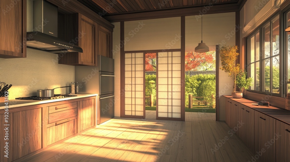 An elegant kitchen with Japanese sliding doors An elegant kitchen with Japanese sliding doors