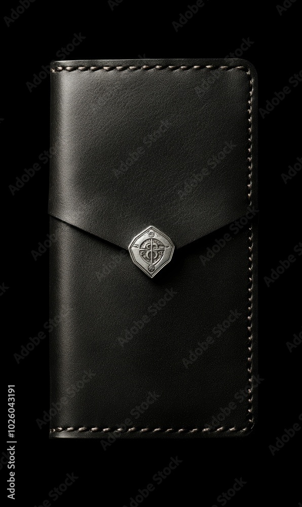 Black leather wallet with silver emblem. Black leather wallet with silver emblem.