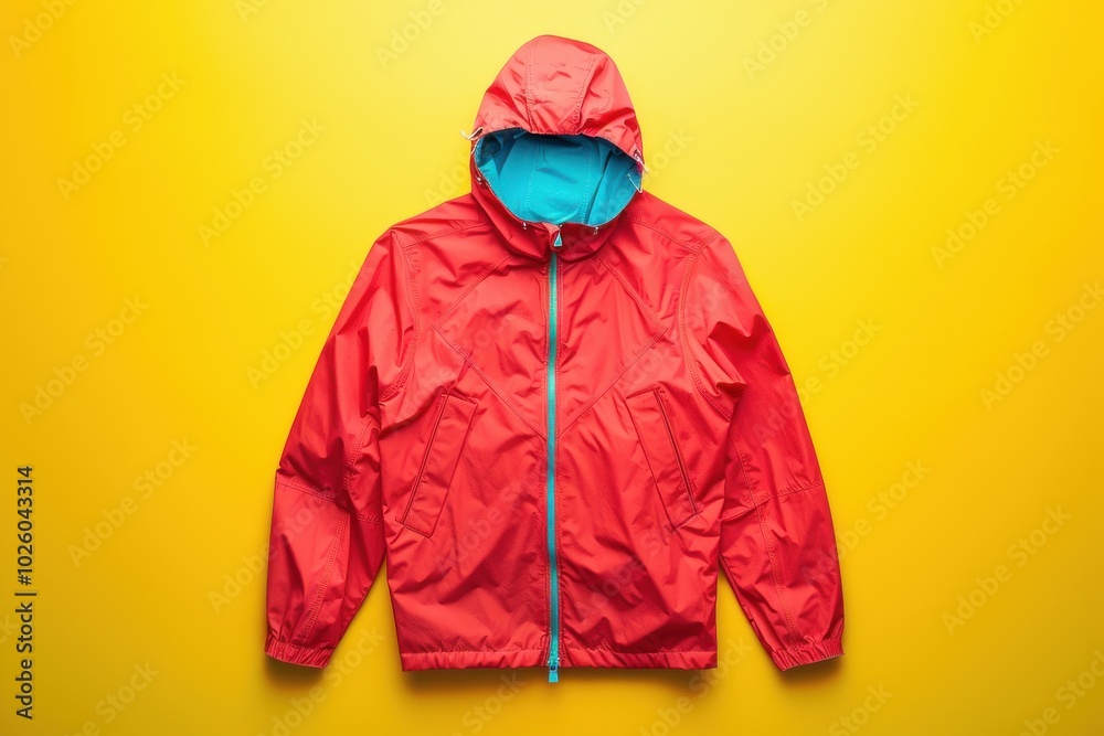 Bright red and blue hooded jacket displayed against a yellow background