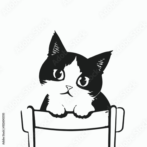 A black and white illustration of a curious cat peeking out from behind a surface, 