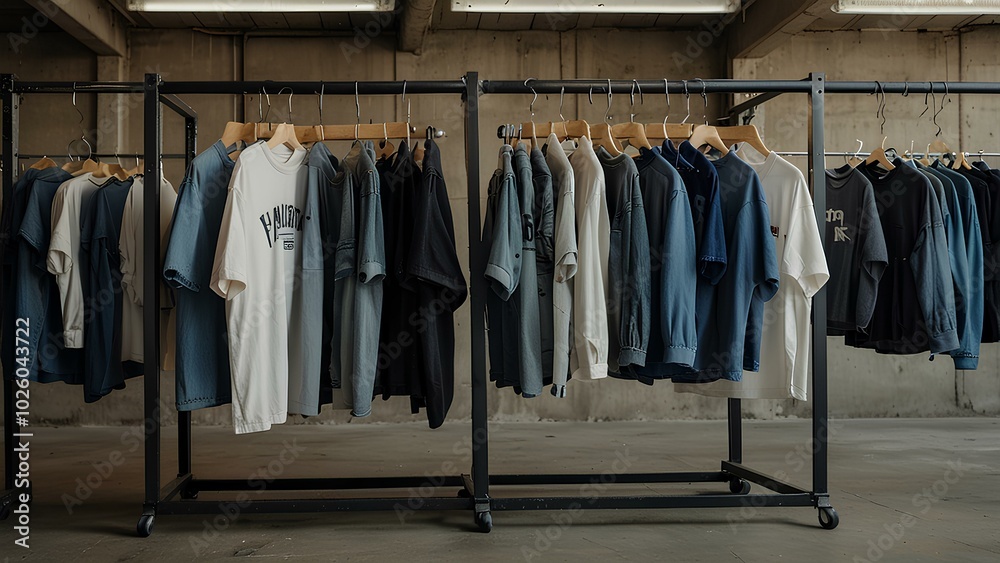 Minimalist Fashion Display: Oversized Graphic Tees and Baggy Jeans on Racks Minimalist Fashion Display: Oversized Graphic Tees and Baggy Jeans on Racks