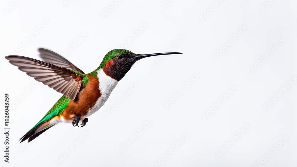 Fototapeta premium A vibrant hummingbird in mid-flight, showcasing its colorful plumage against a light background.